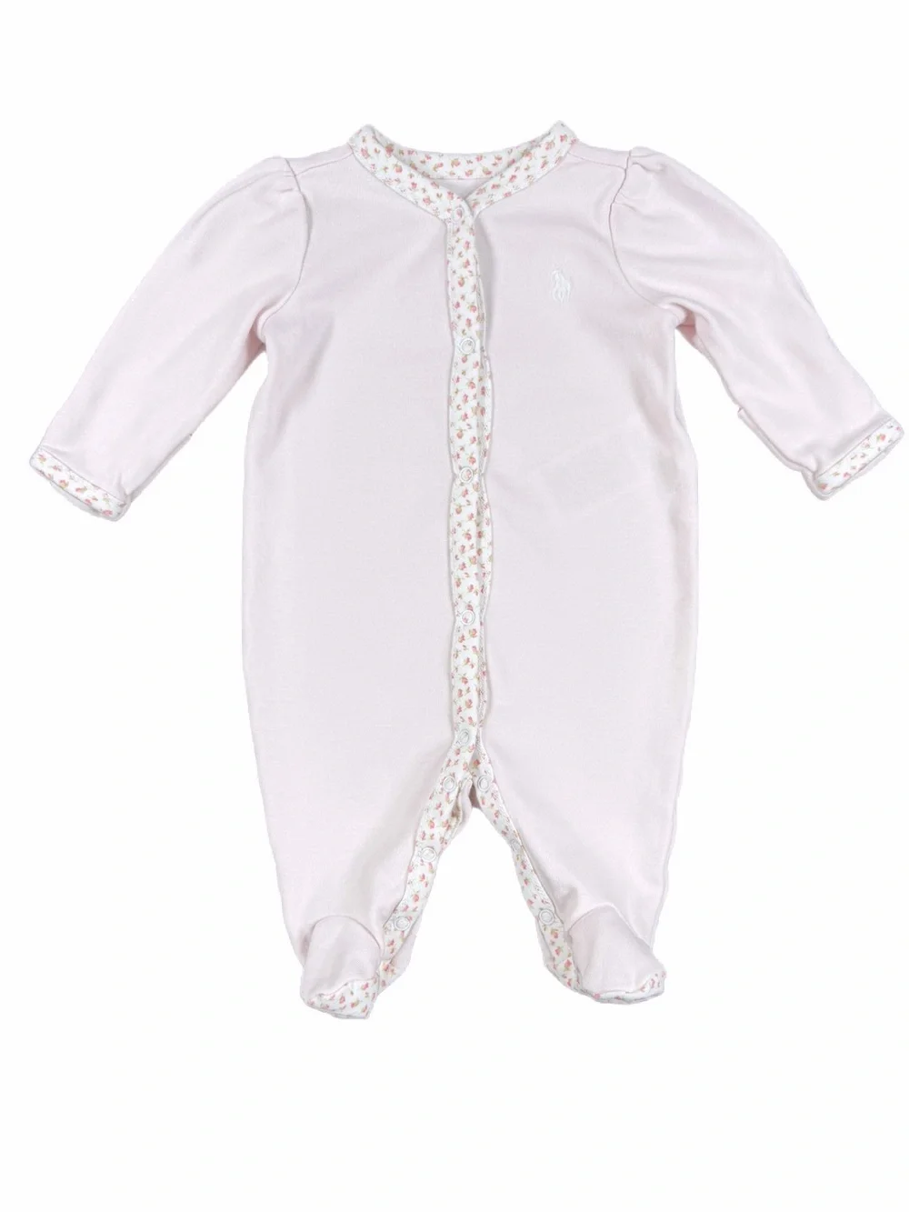 RALPH LAUREN Delicate Pink Floral-Trimmed Footed Coverall - Newborn